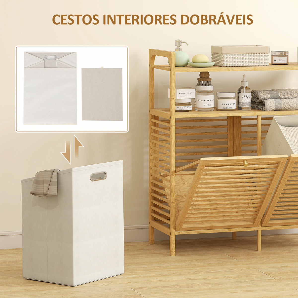 Móvel de Casa de Banho com Cesto para Roupa Suja Móvel para Roupa Suja em Bambu 2 Sacos de Roupa Extraíveis e Laváveis com Alça 2 Prateleiras Abertas para Lavandaria 82x33x88 cm Madeira — foto 5