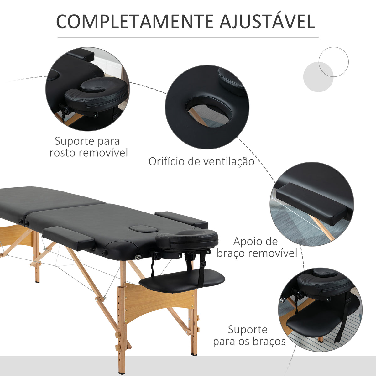 Marquesa de Massagem Dobrável Marquesa com Altura Ajustável 61-88 cm Desenho Ergonómico para Utilização Profissional Fácil de Transportar 185x60 cm Preto — foto 5