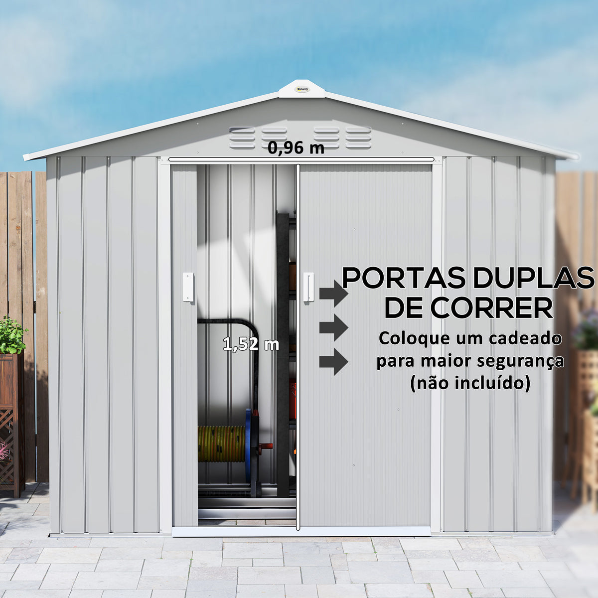 Abrigo de Jardim 2,42 m 213x130x185 cm Abrigo de Jardim Metálico de Exterior para Armazenamento de Ferramentas com 2 Portas Deslizantes e 4 Janelas para Terraço Cinza Claro — foto 5