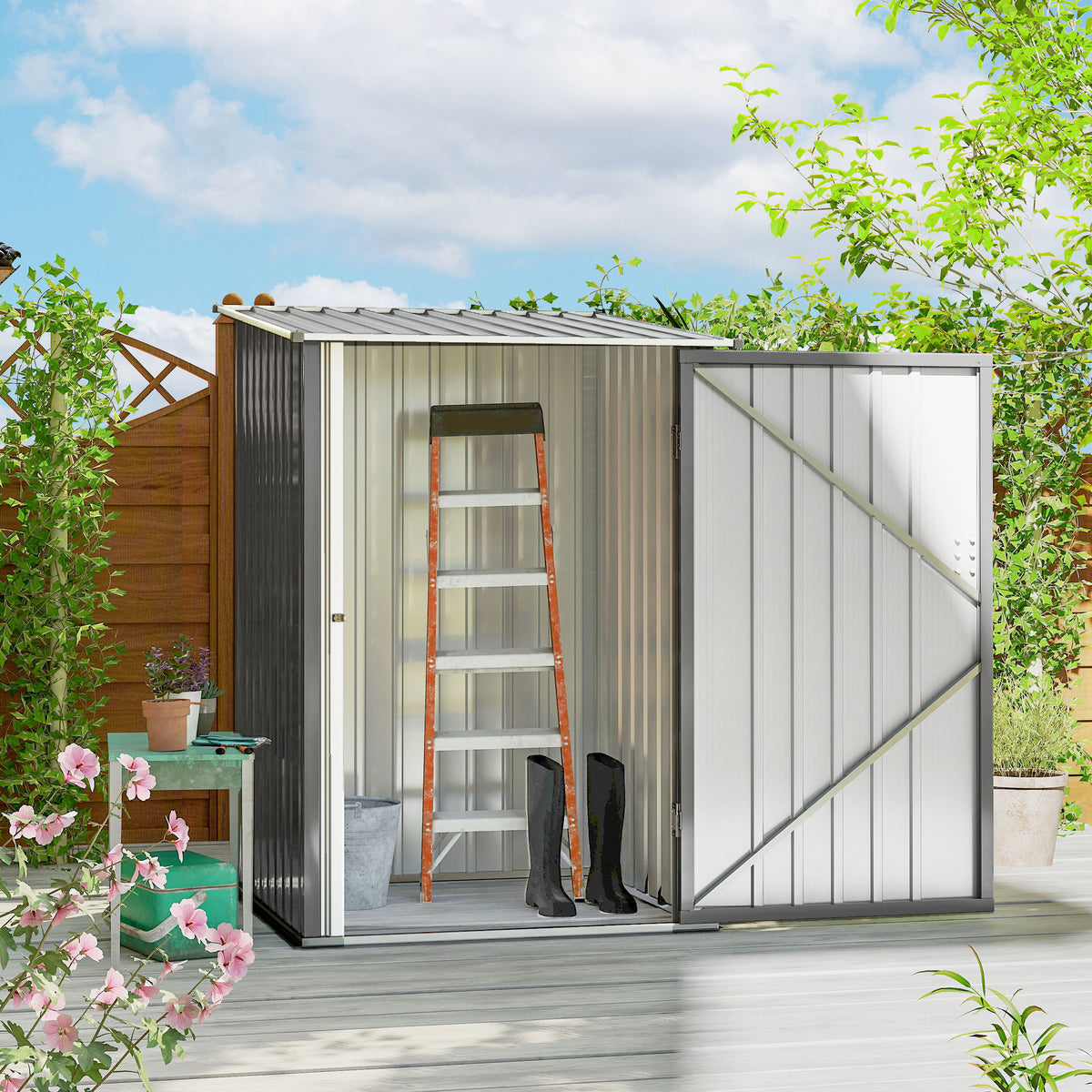 Abrigo de Jardim 0,92 m² 100x103x160 cm Abrigo Exterior de Aço Galvanizado com Porta Fechadura e Teto Inclinado para Armazenamento de Ferramentas Cinza — foto 2