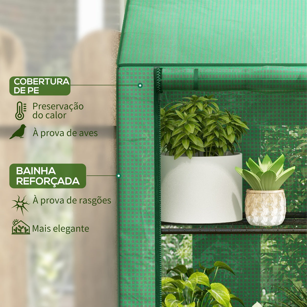 Estufa de Jardim de 3 Níveis Estufa de Terraço com Prateleiras Teto Inclinado e 2 Portas com Fecho de Correr para Cultivo de Plantas em Pátio 143x46x141/151 cm Verde — foto 4