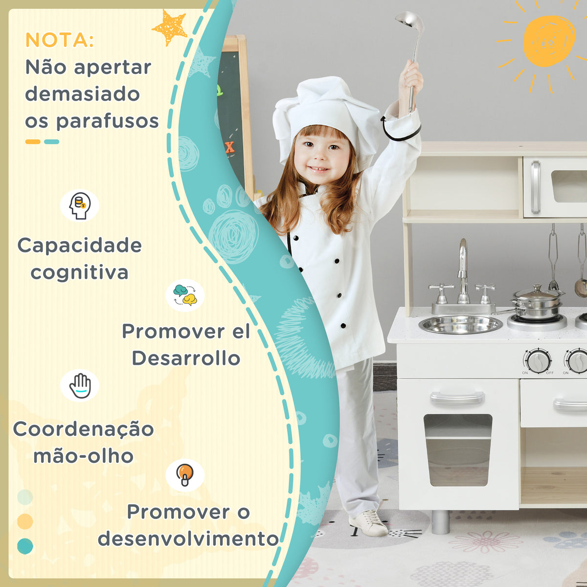 Cozinha de Madeira para Crianças Cozinha de Brinquedo com Lavatório Fogão de Indução e Micro-Ondas e Acessórios Incluídos Cozinha para Crianças acima de 3 Anos 74x30x81 cm Branco — foto 5