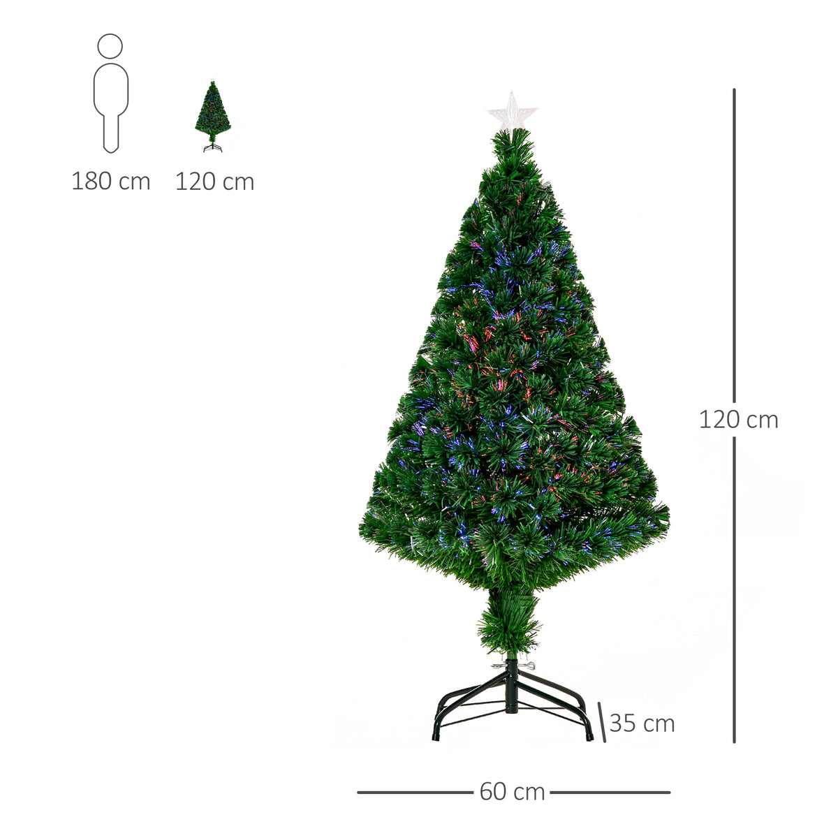 Árvore de Natal Artificial 120 cm Árvore de Natal com Fibra Óptica e Suporte Metálico Decoração de Natal Ø60x120 cm Verde — foto 3
