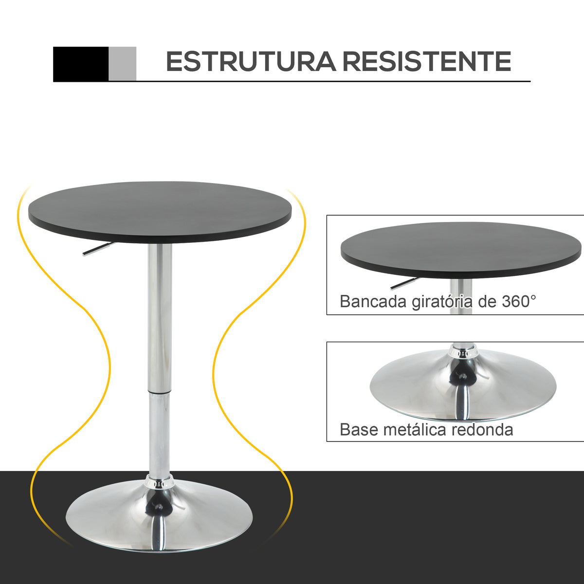 Mesa de bar ajustável em altura com base redonda e antideslizante para cozinha sala de jantar Ø60x69-93 cm Preto — foto 5