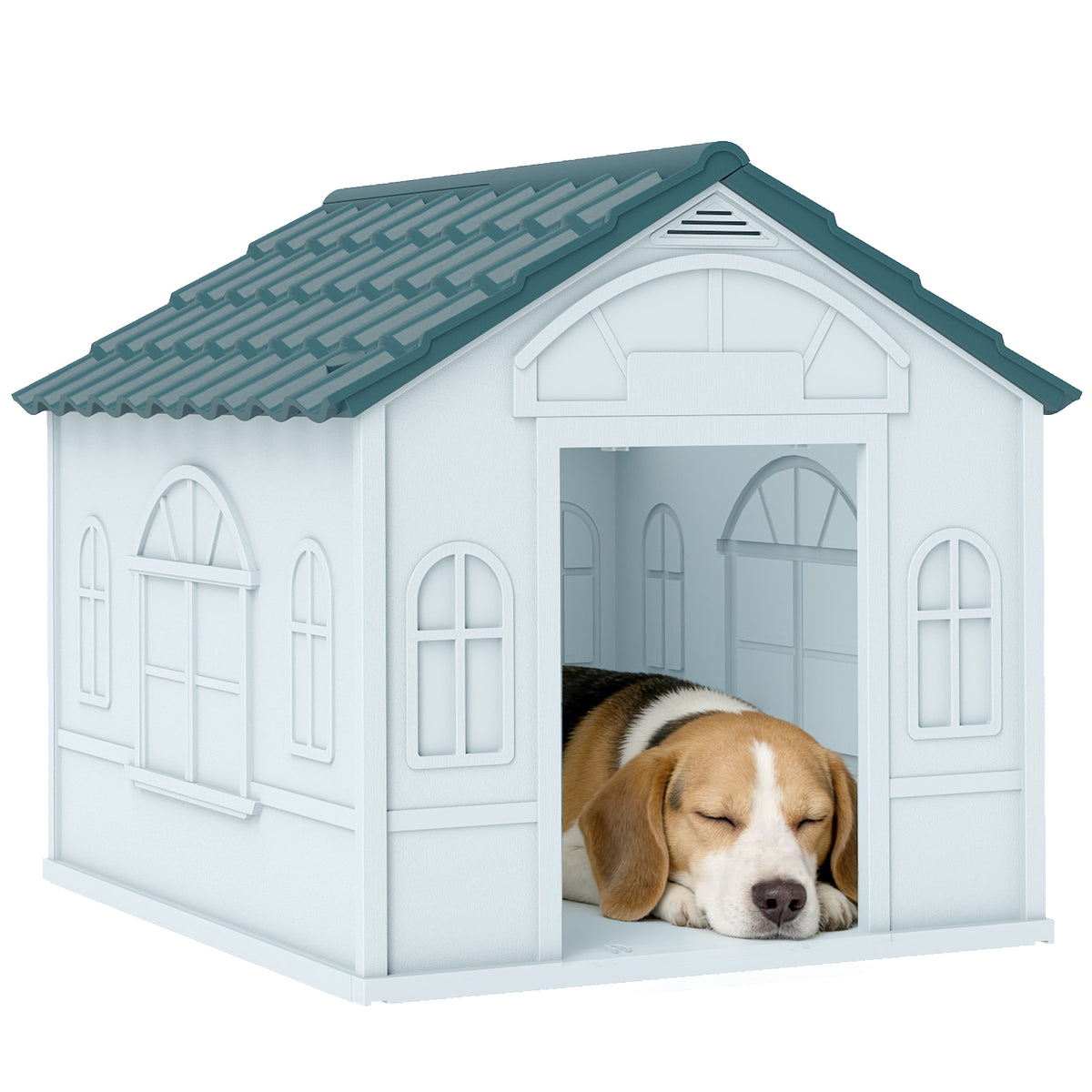 Casa para Cães 65x75,7x63 cm Casa para Cães com Janelas e Teto com Telhas de Imitação para Cães Médios Azul e Branco — foto 1