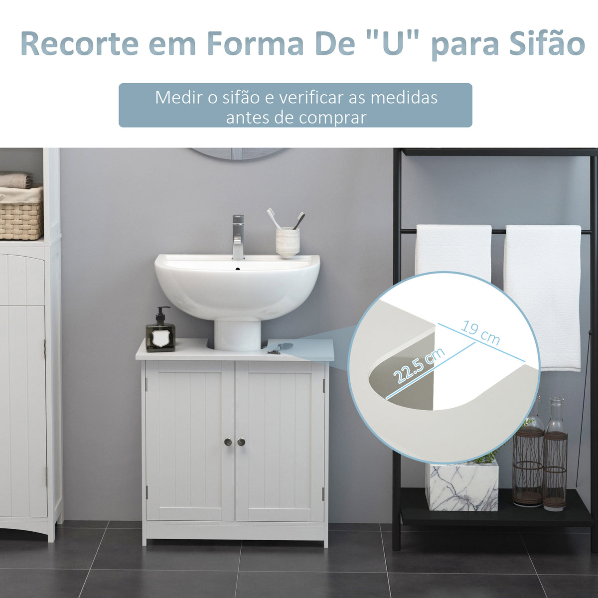 Móvel para Lavatório Pousar Armário Casa de Banho de Armazenamento com 2 Portas e Prateleira Interior Ajustável Moderno 60x30x60 cm Branco — foto 4