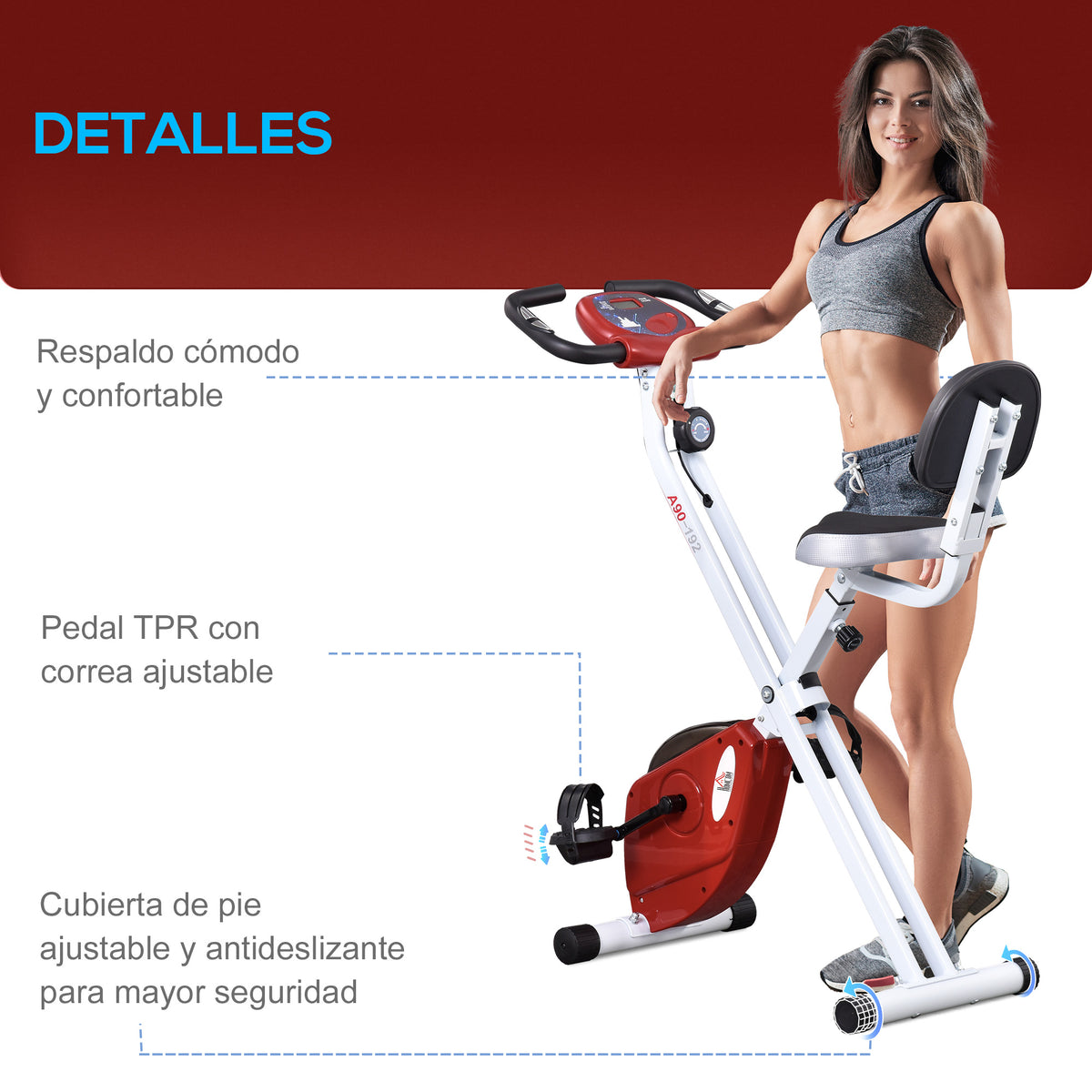 Bicicleta ergométrica profissional Formato X dobrável vertical com 8 níveis Banco de resistência magnética com altura ajustável Aço 43x97x109 cm Vermelho — foto 8