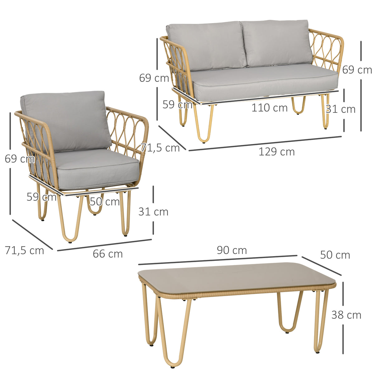 Conjunto de Jardim de 4 Peças em Vime Sintético com 2 Poltronas 1 Sofá de 2 Lugares 1 Mesa de Centro e Almofadas Natural e Cinza — foto 3