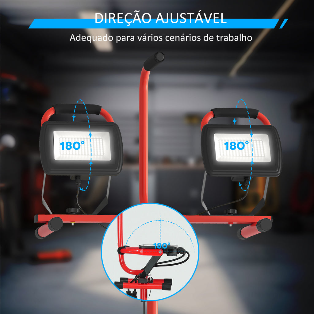 Projetor LED Duplo Recarregável de Alumínio com Tripé Dobrável 8500 Lúmenes IP65 6500K e Cabeças Ajustáveis para Trabalho Interior e Exterior Vermelho e Preto — foto 4