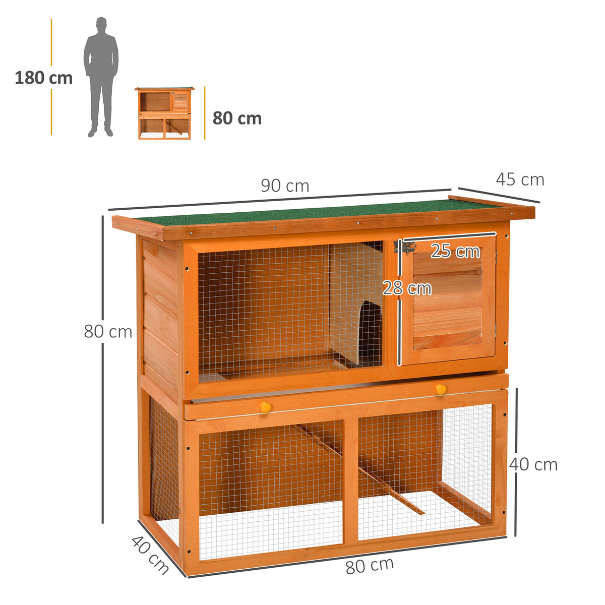 Coelheira de Exterior de Madeira para Animais Pequenos 2 Níveis com Rampa Teto Asfáltico e Porta com Trava 90x45x80 cm Madeira e Verde — foto 3