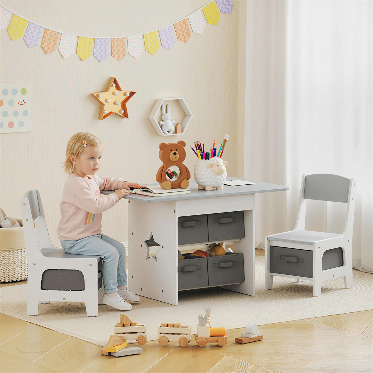 Mesa Infantil com 2 Cadeiras Mesa e Cadeiras para Crianças com 6 Gavetas de Tecido Desenho Estrelas para Meninos e Meninas de 3-8 Anos para Casa Escola Infantil Salas de Aula Cinza Claro — foto 2
