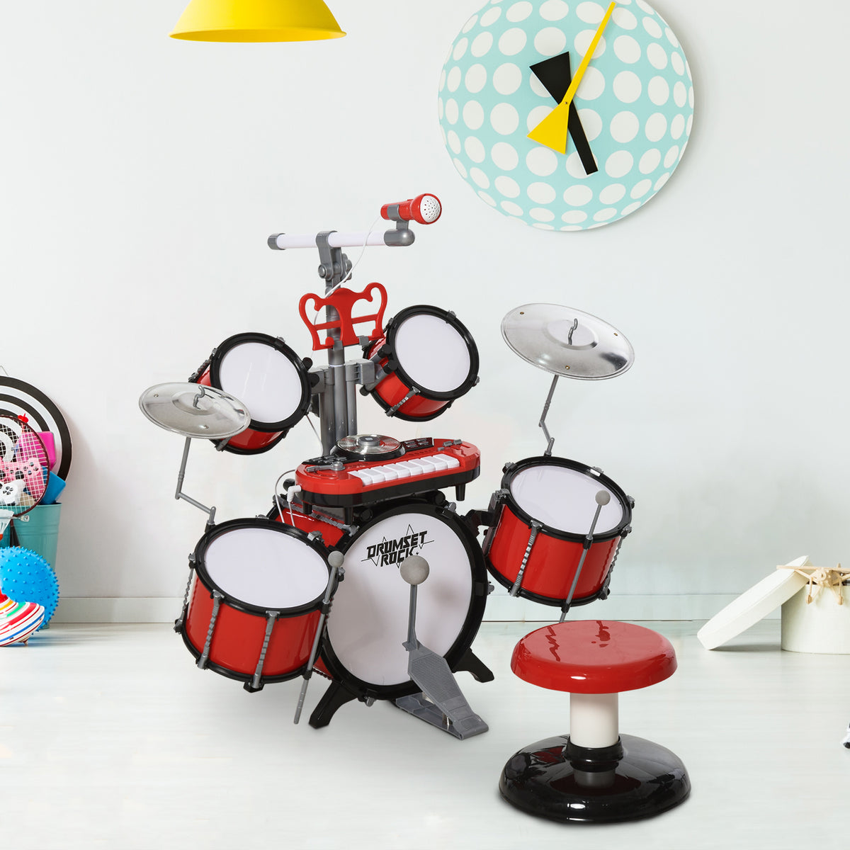 Kit de bateria infantil para crianças acima de 3 anos com tamborete microfone Pratos teclado e vários efeitos de DJ 77,5x40x76,5 cm Vermelho — foto 2
