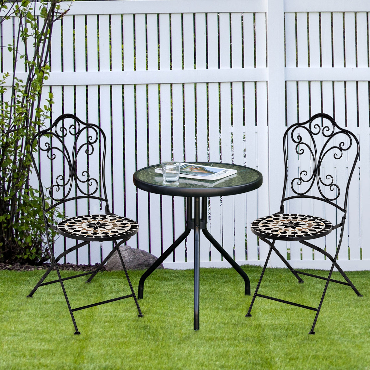 Conjunto de 2 Cadeiras Dobráveis de Mosaico Cadeiras de Jardim com Assento de Cerâmica e Estrutura de Metal Carga Máxima 120kg para Terraço Pátio Exterior 40x50x92cm Preto — foto 2
