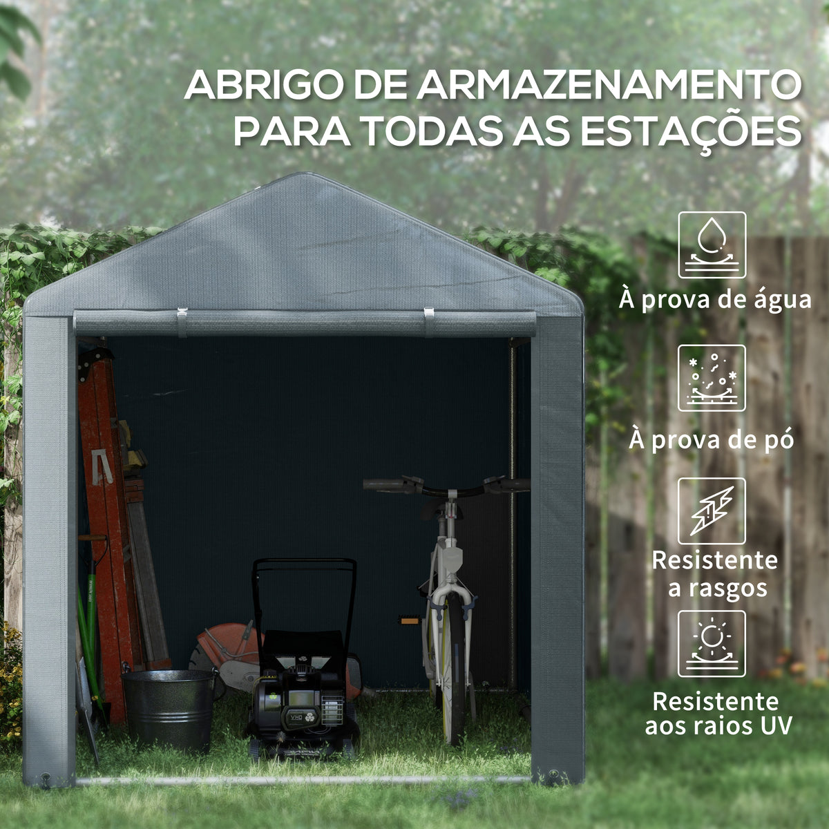 Abrigo para Ferramentas Bicicletas e Motos 1,6x2,2x1,7 cm Garagem Portátil com 2 Habitações Porta com Fecho de Correr Impermeável Anti-UV para Jardim Cinza Escuro — foto 4