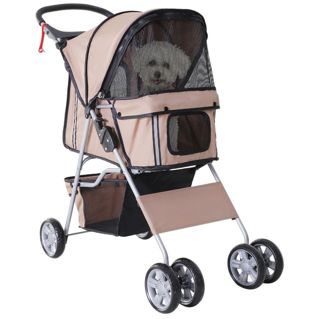 Carrinho para Cães Dobrável, Coche para Cães Pequenos com Cesta de Armazenamento, Janelas de Malha, Suporte para Copos, Rodas EVA, Almofada Lavável, Travões, Carga 10 kg, 75x45x97 cm, Castanho — foto 1