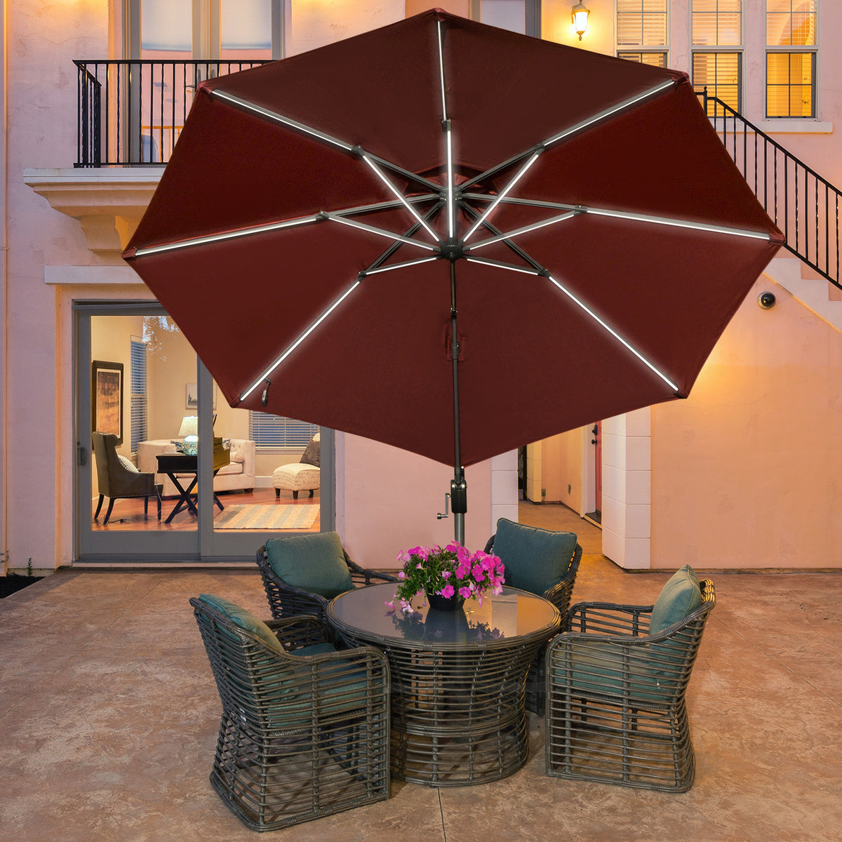 Chapéu de Sol Excêntrico Φ300x248cm com Proteção UV 50+ Giratório 360º com Manivela Luzes LED Painel Solar e Teto Reclinável Vinho — foto 2
