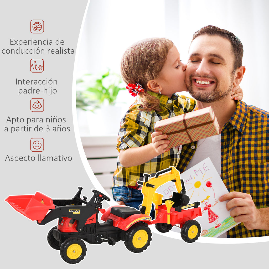 Trator de pedais com reboque escavadeira com pá frontal de brinquedo de condução para crianças acima de 3 anos Direção e pás de fácil controle Suporta até 35 kg 179x42x59 cm Vermelho — foto 5