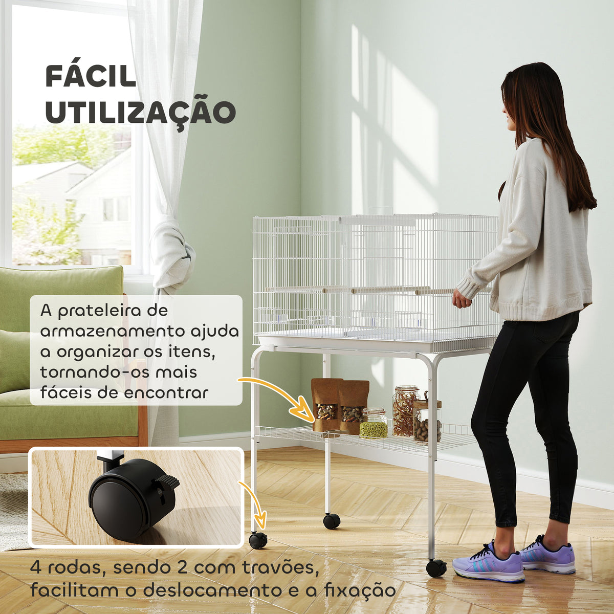 Gaiola para Pássaros com Divisória Gaiola com Rodas para Aves Papagaios Canários Gaiola para Aves com Comedouros Poleiros e Bandeja Removível, 76x46x116 cm Branco — foto 8