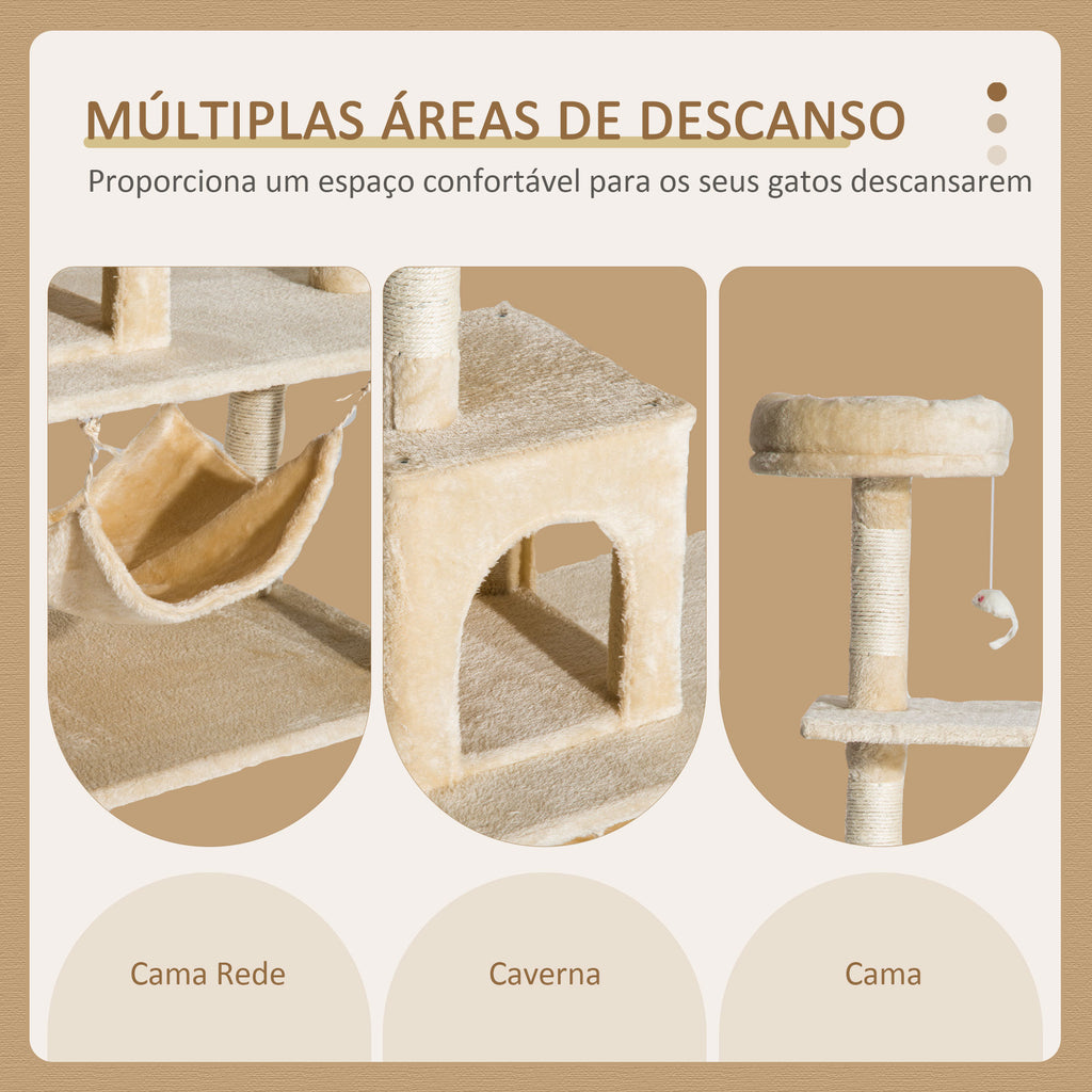 Arranhador de Árvore para Gatos com Plataformas Múltiplas Brinquedo Suspenso Caverna Espaçosa Rede Macia Postes de Coçar 70x40x152 cm Bege — foto 5