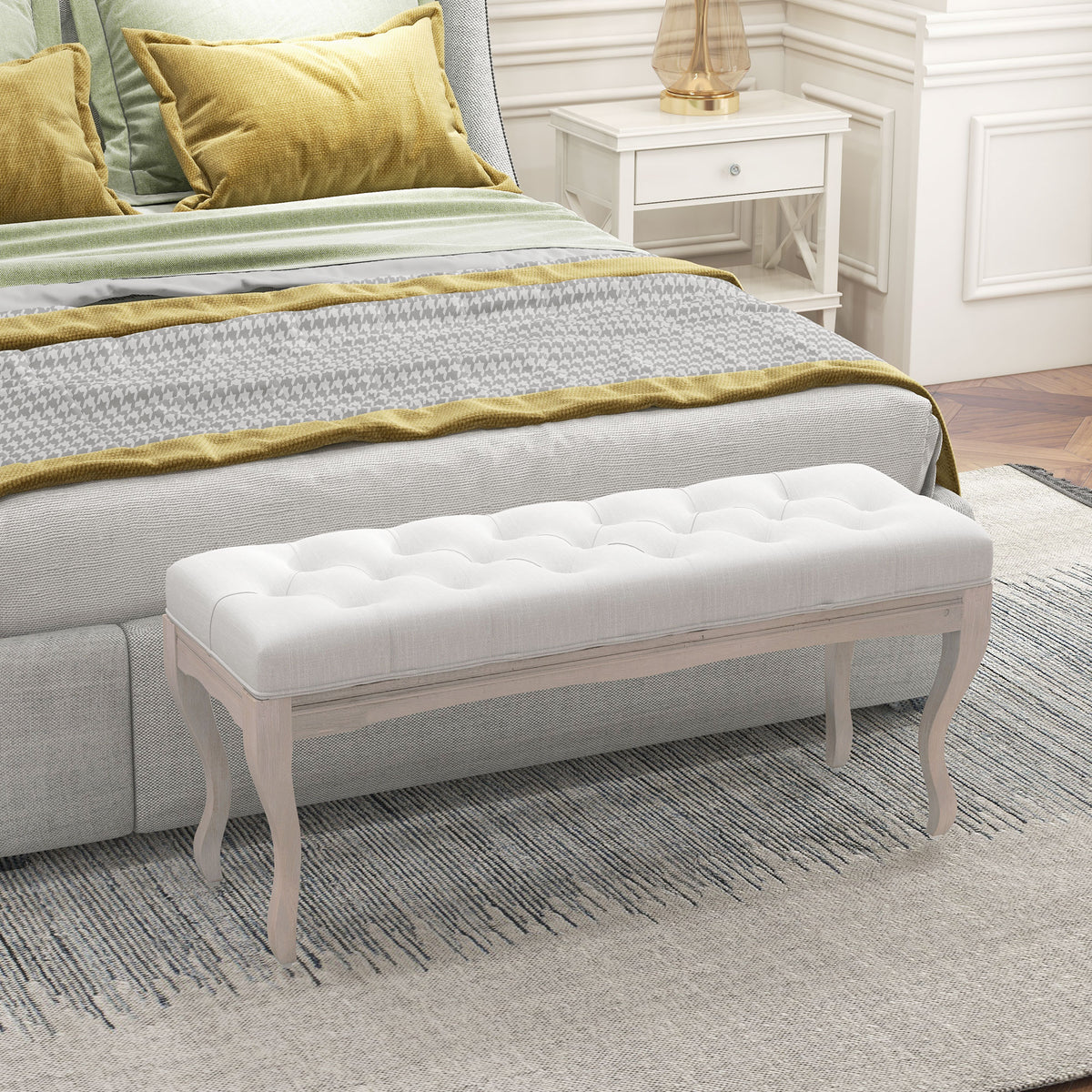 Banco Pé de Cama com Pés de Madeira e Assento Acolchoado Capacidade 120 kg Banco de Estilo Vintage para Dormitório Entrada Corredor 110x37x49 cm Creme — foto 2