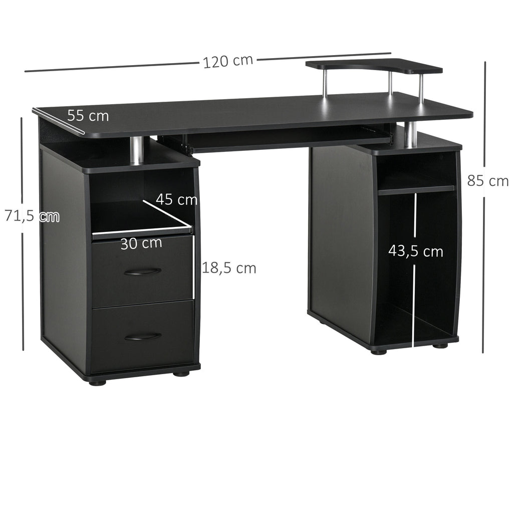 Secretária para computador Mesa para PC com prateleiras múltiplas Bandeja de teclado Suporte para CPU e 2 gavetas 120x55x85 cm Preto — foto 3