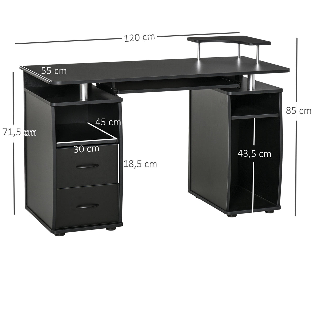 Secretária para computador Mesa para PC com prateleiras múltiplas Bandeja de teclado Suporte para CPU e 2 gavetas 120x55x85 cm Preto — foto 3