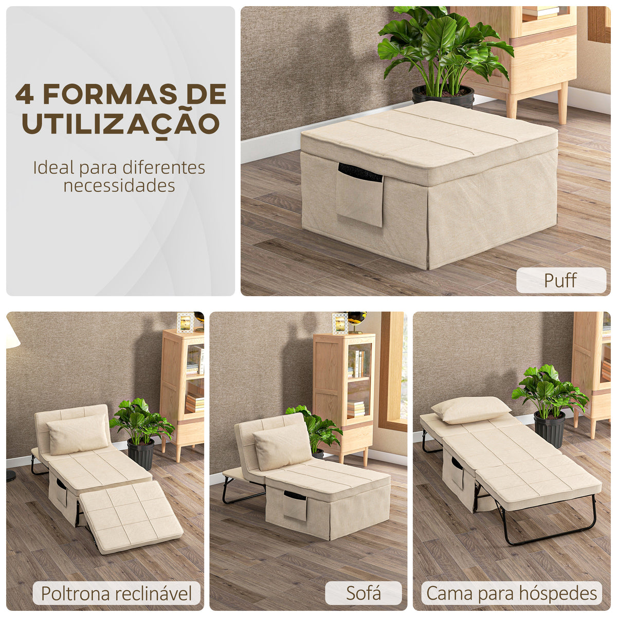 Sofá Cama 4 em 1 Poltrona Cama Desdobrável Estofado em Linho com Encosto Ajustável em 5 Níveis e Almofada Acolchoada para Escritório, Quarto Sala 75x80x74 cm Creme — foto 4