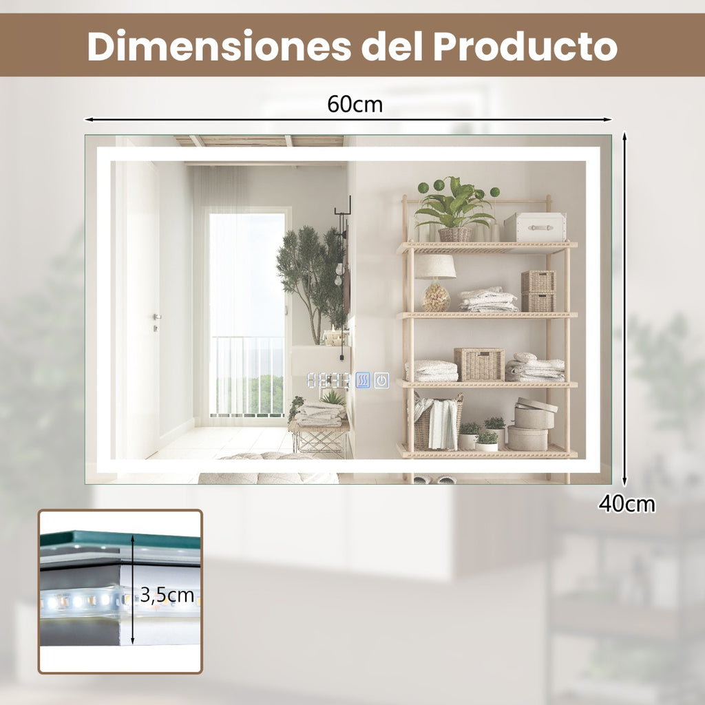 Espelho de Casa de Banho Retangular com Luz LED e Função Antiembaciamento 60 x 40 cm — foto 3