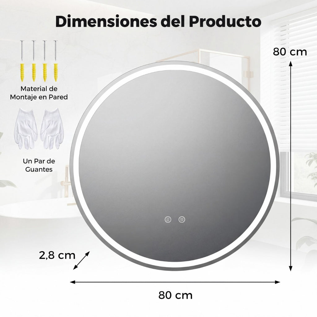 Espelho Redondo de Parede com Iluminação LED 80 cm e Controlo Táctil de Brilho Ajustável — foto 3