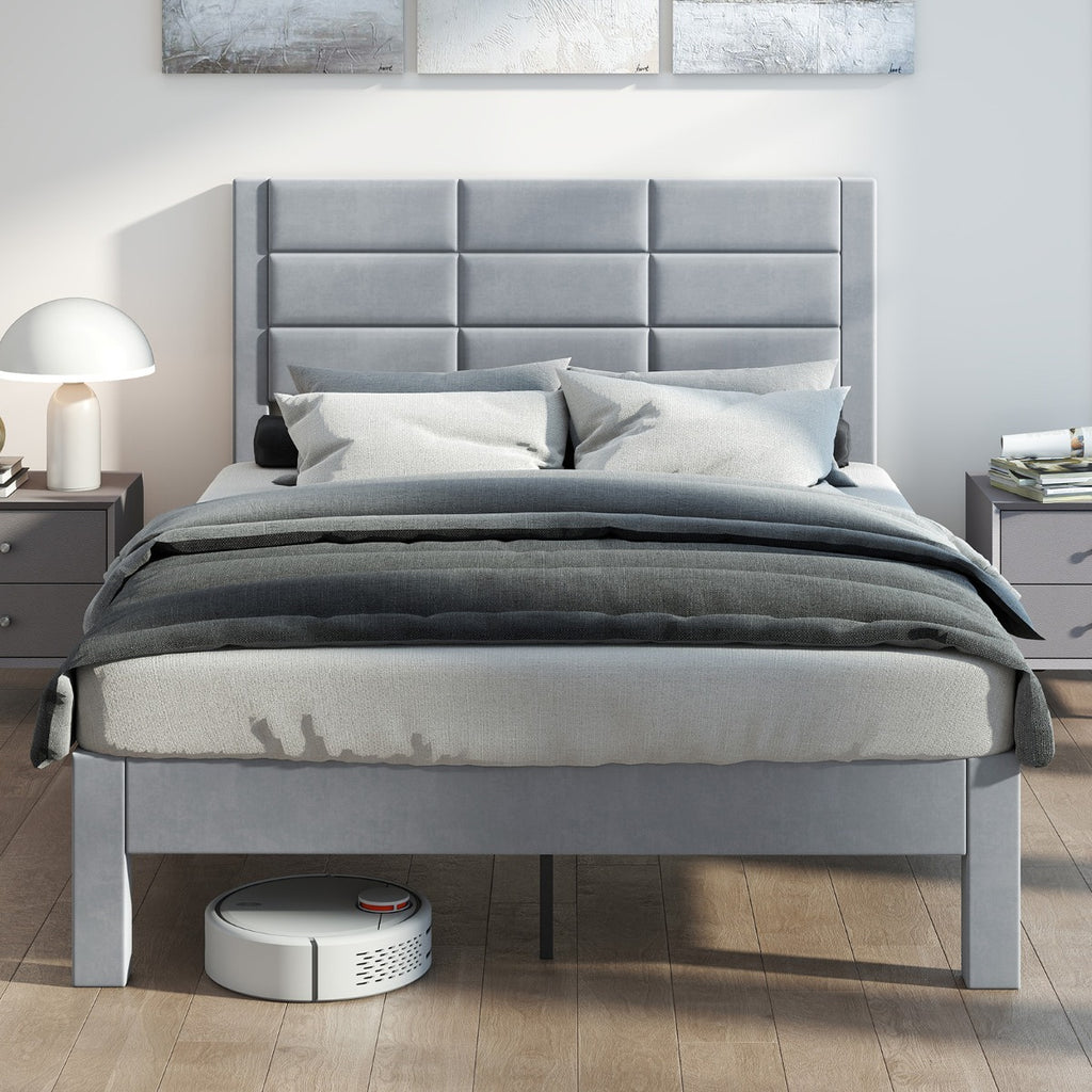 Estrado de Cama de Casal com Cabeceira Acolchoada e Plataforma de Ripas de Madeira 211 x 141 x 109 cm Cinzento — foto 1
