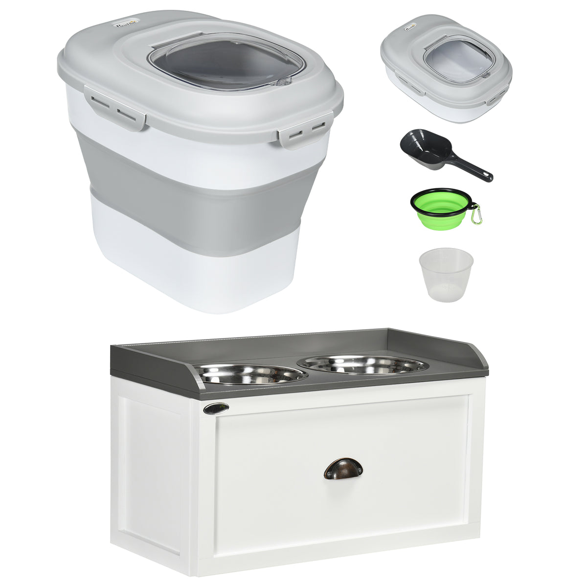 Conjunto de 1 Comedouro Elevado para Cães Grandes com 2 Tigelas de Aço Inoxidável e 1 Recipiente de Comida Branco — foto 1
