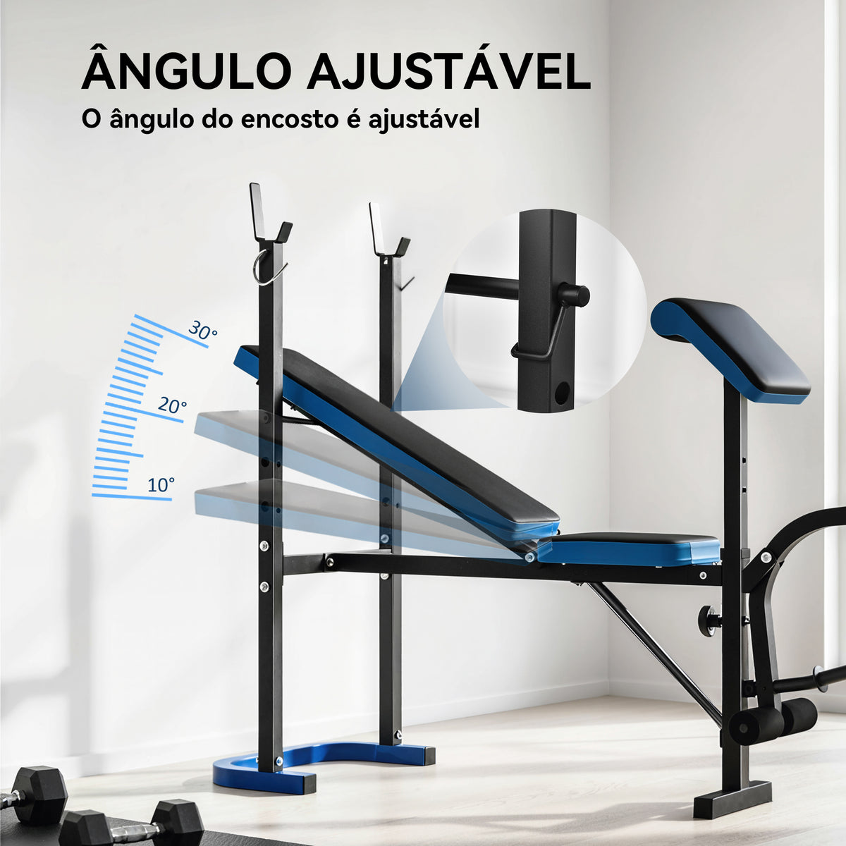 Banco de Musculação Multifuncional Banco de Pesos com Suporte para Barras e Encosto Ajustável para Treino Completo de Corpo em Casa Ginásio 155x56,5x120 cm Preto e Azul — foto 4