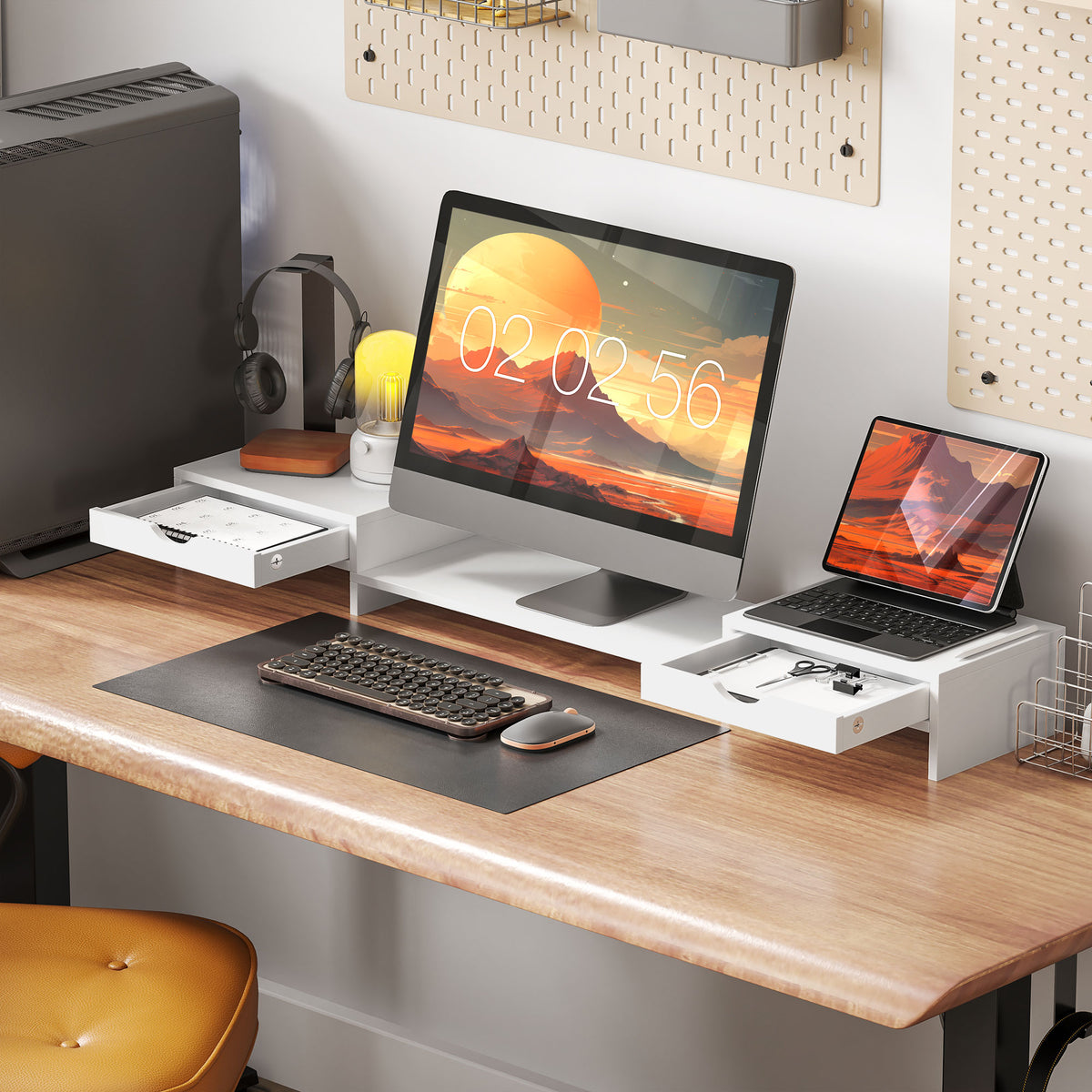 Suporte para Monitor com Ângulo e Comprimento Ajustável Suporte para Monitor com 2 Gavetas para Escritório Suporte para Monitor Portátil 60-116x22x12 cm Branco — foto 2