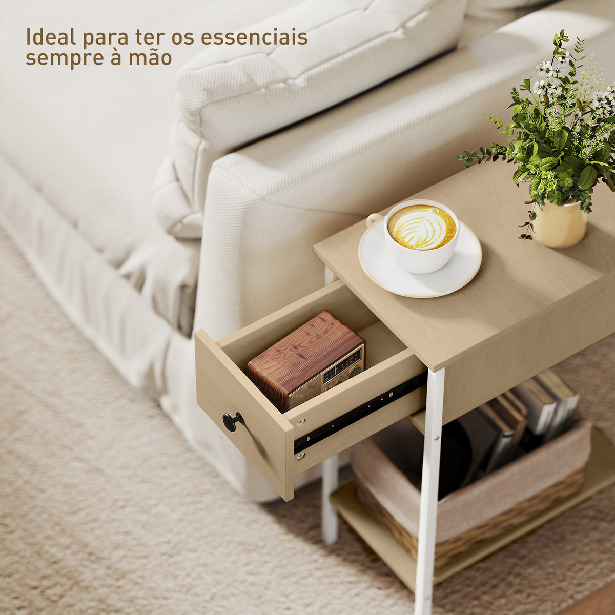 Mesa Auxiliar Estreita Mesa Auxiliar Industrial com Gaveta Prateleira Aberta e Estrutura Metálica para Sala de Estar Dormitório 25x39,8x58,2 cm Madeira — foto 4