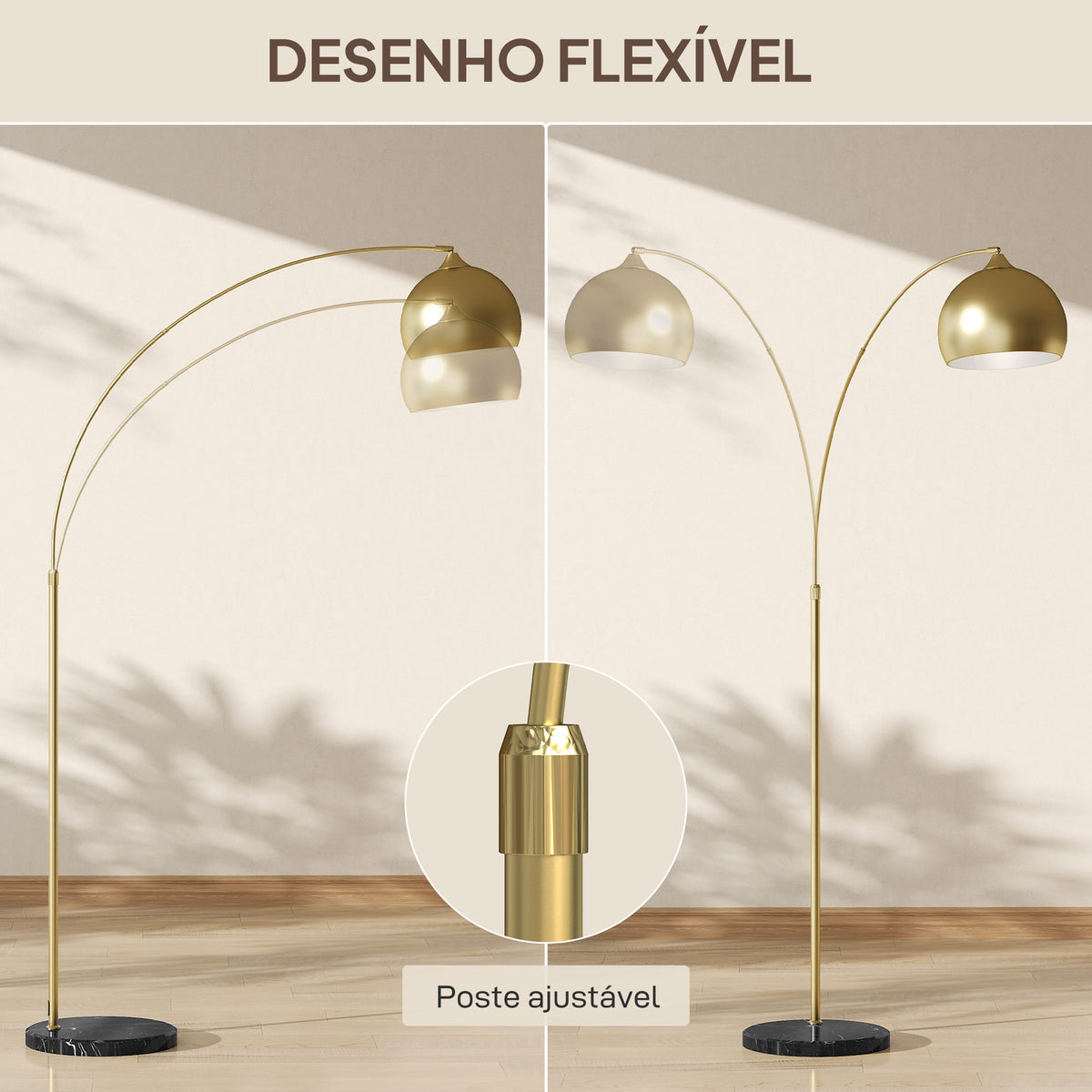 Candeeiro de Pé em Forma de Arco com Altura e Comprimento Ajustáveis Candeeiro de Leitura para Lâmpadas E27 Potência Máxima 40W com Interruptor de Pé 110-115x30x170-180 cm Dourado e Preto — foto 5