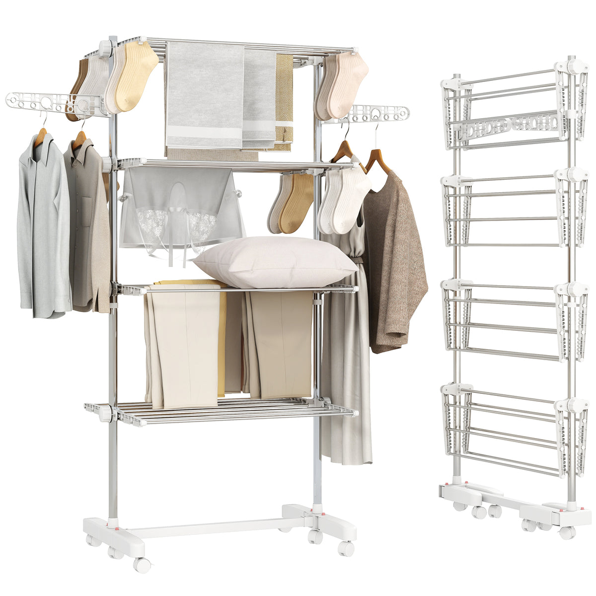Estendal de Roupa Dobrável 80x55x172cm com 6 Rodas e 4 Prateleiras com Altura Ajustável de Aço Inoxidável Prateado — foto 1