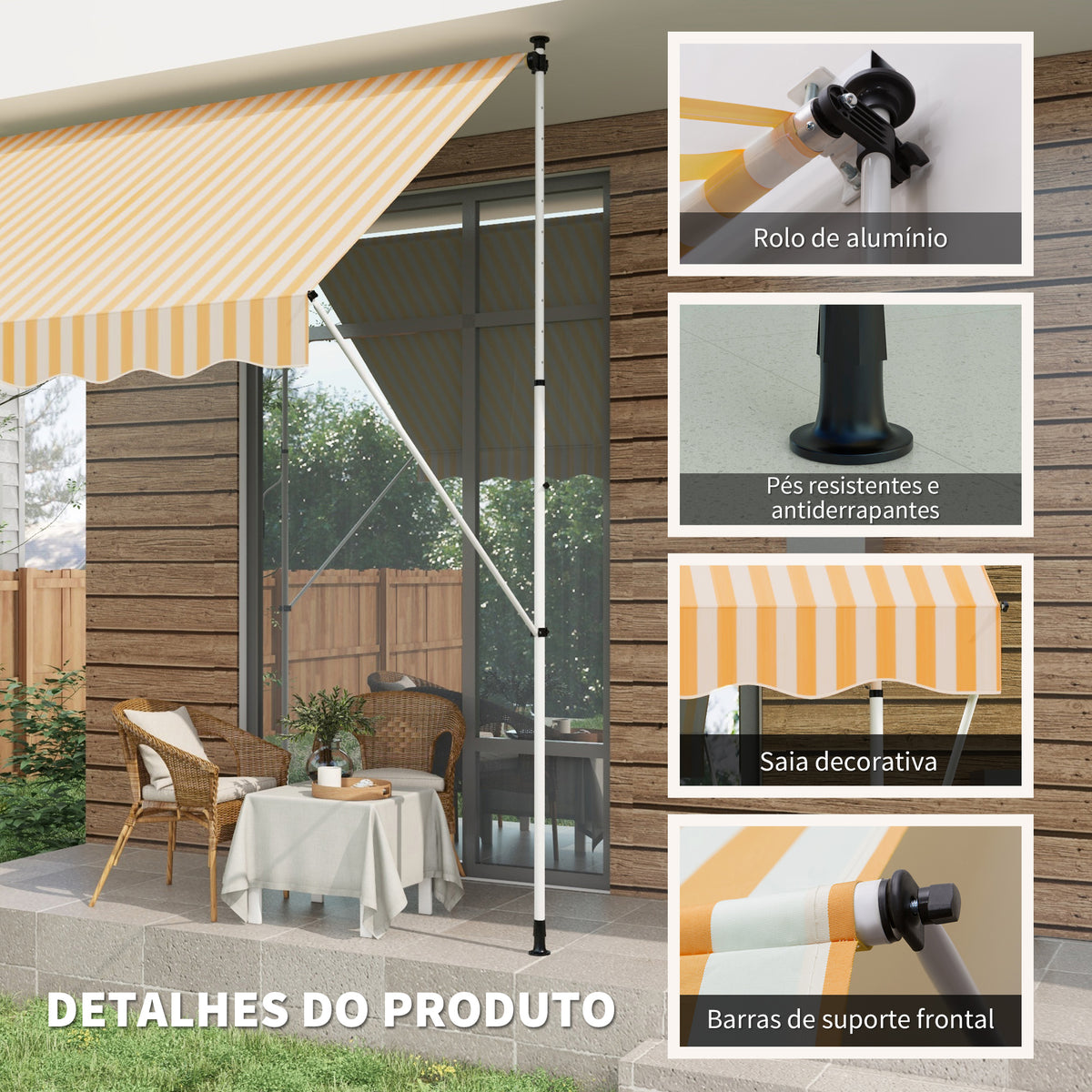 Toldo Manual Retrátil para Exterior 300x150x170-280cm Toldo Enrolável Altura Ajustável com Manivela Proteção Solar para Terraço Balcão Jardim Amarelo — foto 5