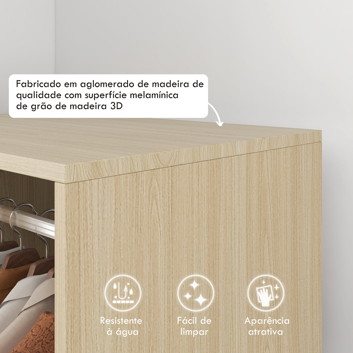 Roupeiro de Madeira Móvel Armário Roupeiro Aberto com Barra para Pendurar e Prateleiras Organizadoras para Dormitório 60x40x128 cm Madeira — foto 4