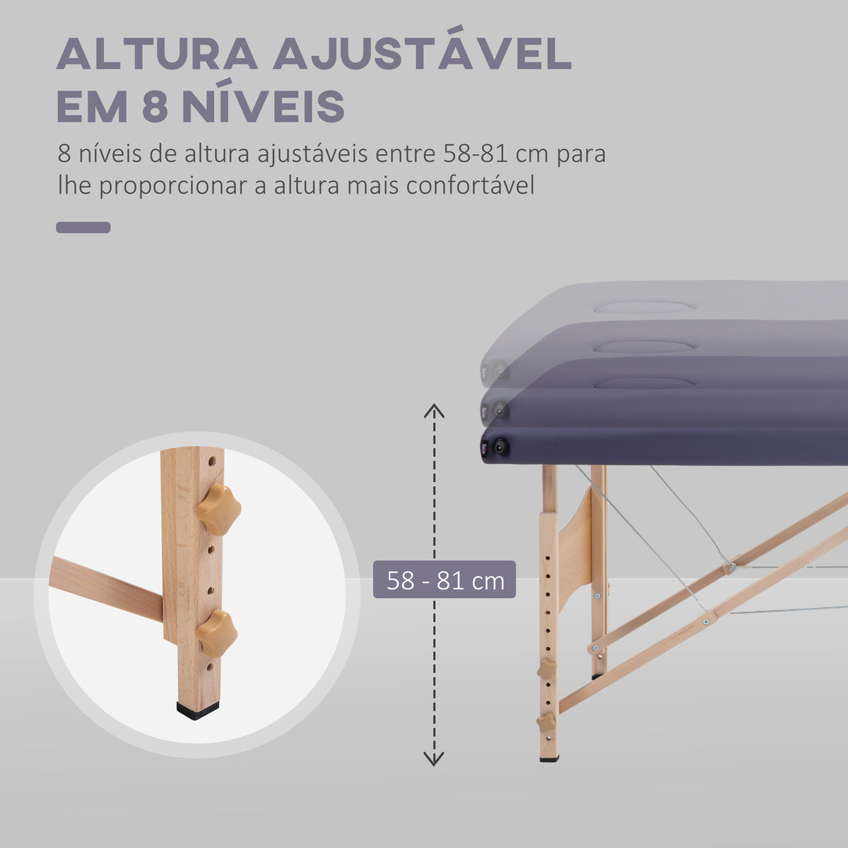 Marquesa de Massagem Dobrável Mesa de Massagem Portátil com Apoio de Cabeça Estrutura de Madeira Marquesa Fisioterapia com Altura Regulável e Bolsa de Transporte 186x60x61-87 cm Roxo — foto 4