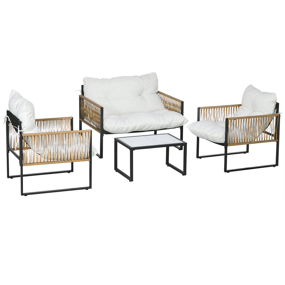 Conjunto de Móveis de Jardim de Vime Sintético Conjunto de 4 Peças Móveis de Jardim com 2 Poltronas 1 Sofá de 2 Lugares 1 Mesa de Centro e Almofadas Creme — foto 1