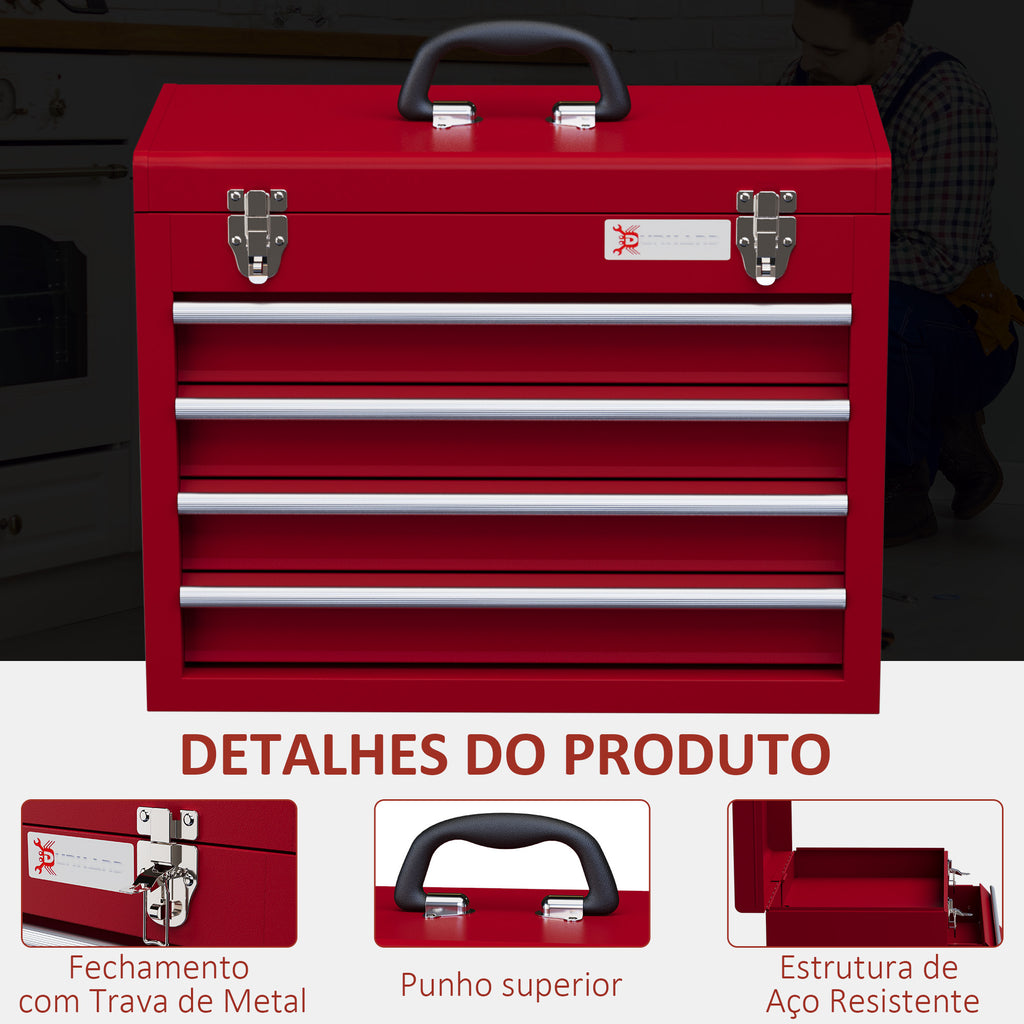 Caixa de Ferramentas de Aço com 2 Gavetas Tampa Abatível e Fechaduras Metálicas Mala de Ferramentas Portátil para Oficina Bricolage Casa 51x22x39,5 cm Vermelho — foto 4