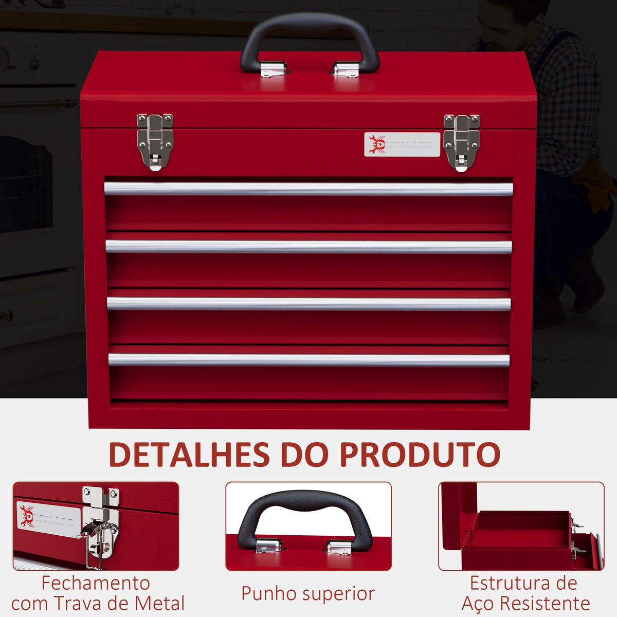 Caixa de Ferramentas de Aço com 2 Gavetas Tampa Abatível e Fechaduras Metálicas Mala de Ferramentas Portátil para Oficina Bricolage Casa 51x22x39,5 cm Vermelho — foto 4