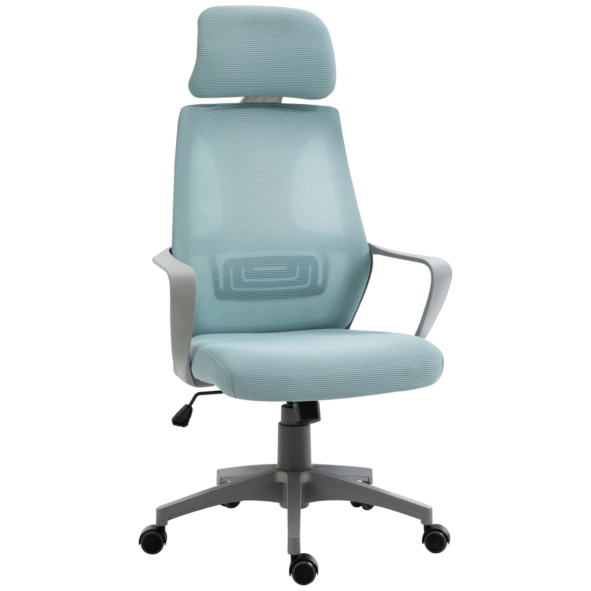 Cadeira de escritório ergonômica Cadeira de mesa inclinável ajustável em altura com encosto de braço Encosto de cabeça 5 rodas Suporta até 120 kg 64x58x116-126 cm Azul — foto 1