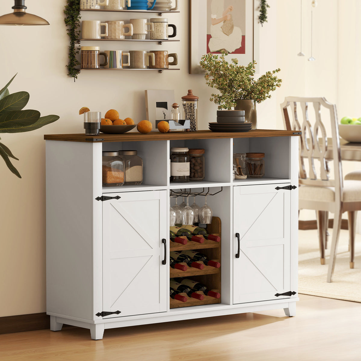 Aparador de Cozinha com Suporte para Garrafas Aparador com 2 Portas de Celeiro Prateleiras Ajustáveis e Suporte para Copos para 9 Garrafas Buffet Auxiliar de Cozinha 120x37x88 cm Branco — foto 2