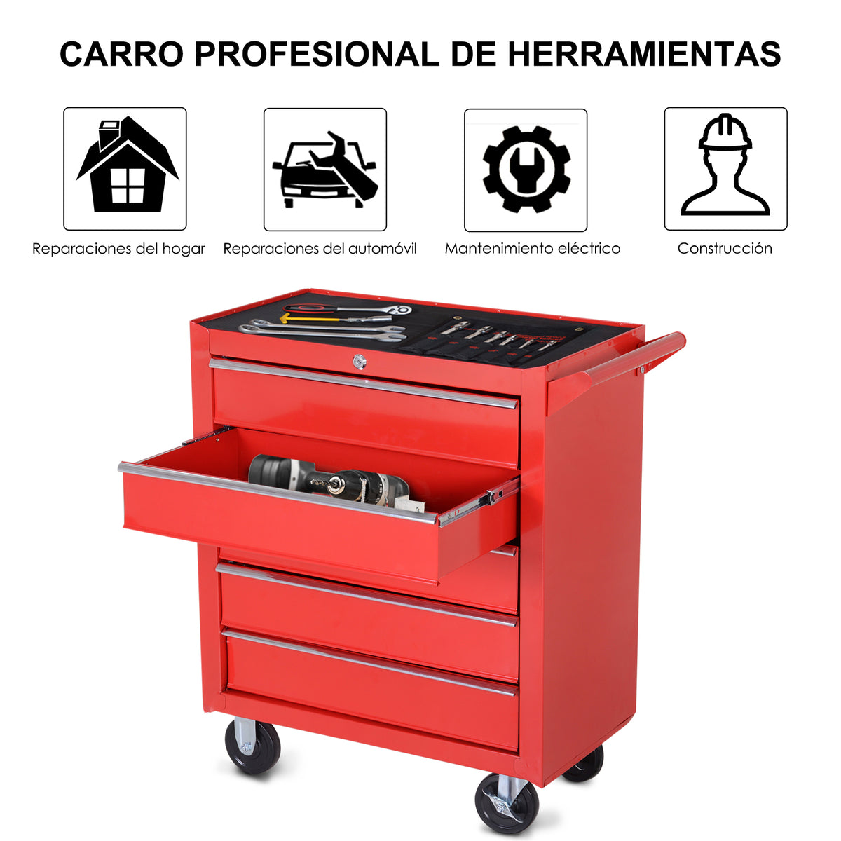 Carrinho de Ferramentas com 5 Gavetas Rodas Trava Armário de Armazenamento para Oficina de Garagem e Chapa de Aço 69x33x75 cm Vermelho — foto 5