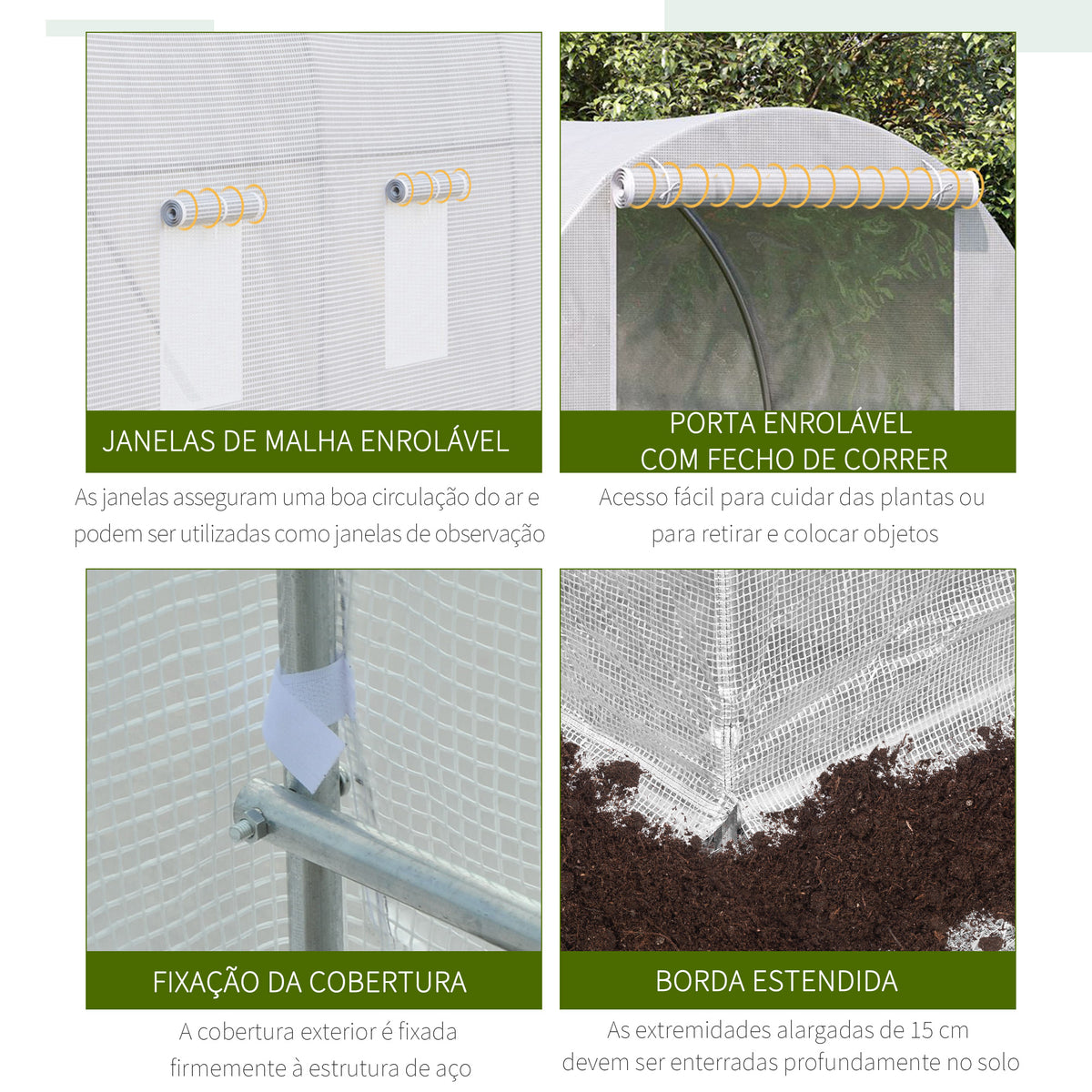 Estufa de Jardim 350x200x200 cm Estufa de Túnel com Porta Enrolável e 6 Janelas Cobertura de PE 140 g/m² Estrutura de Metal para Cultivo de Plantas Verduras Branco — foto 4