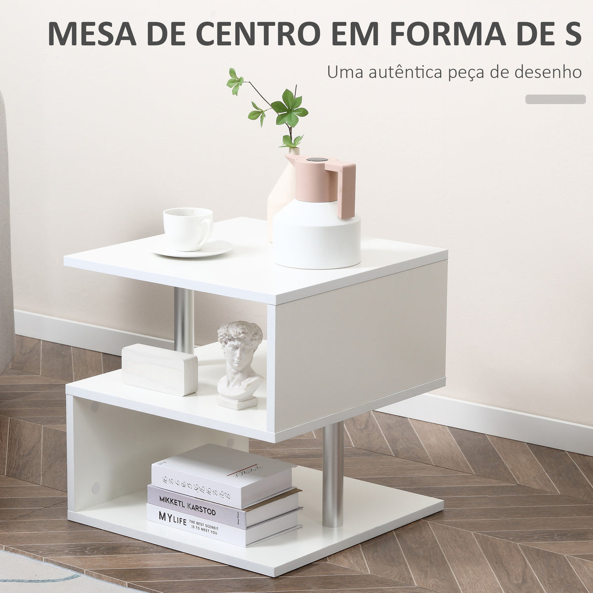 Mesa de Centro Mesa Auxiliar de Sala de Estar com Forma de S Compartimentos Abertos 2 Níveis Desenho Elegante 50x50x50cm Branco — foto 4