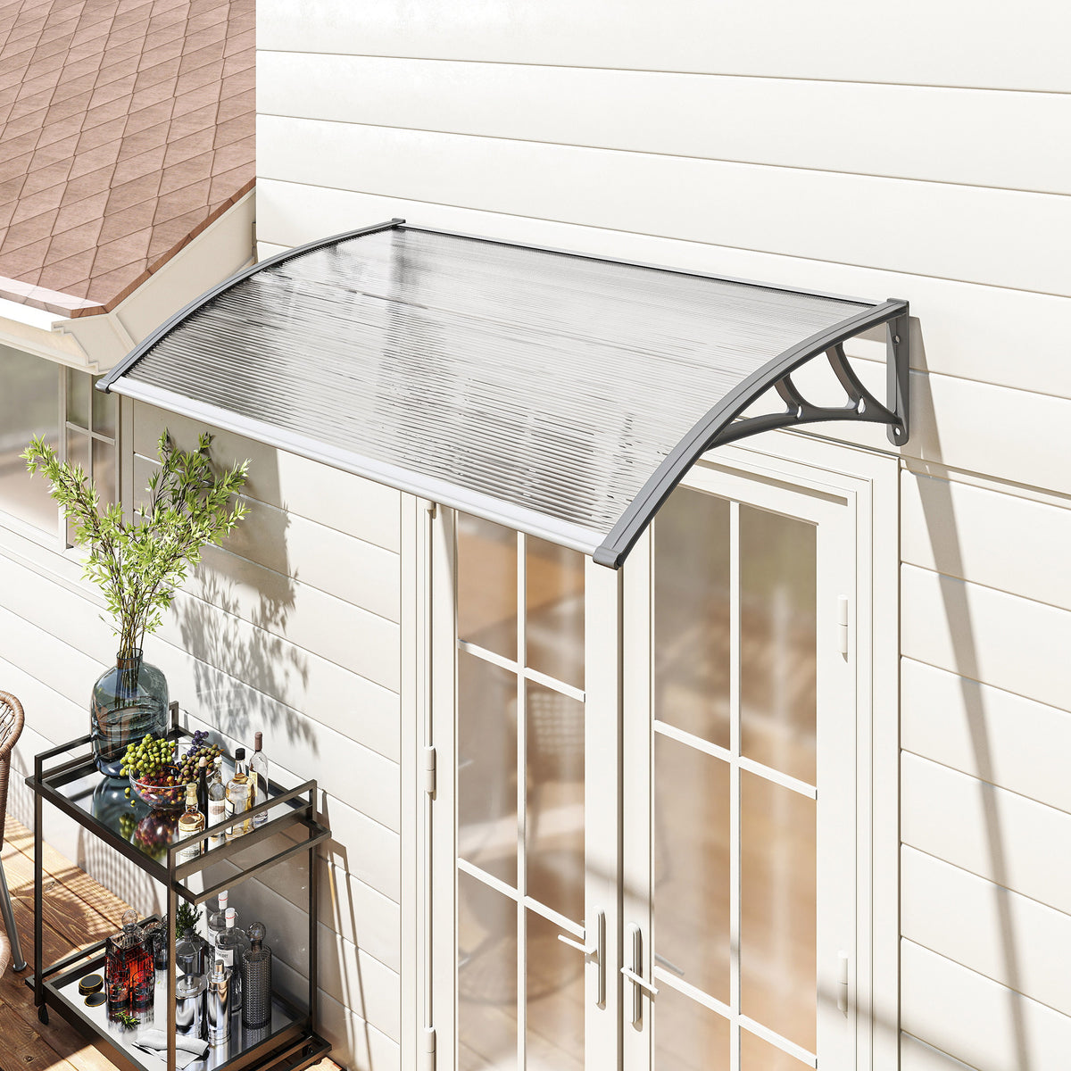 Marquise de Proteção 110x60cm Marquise Exterior para Portas e Janelas contra o Sol e Chuva com Suporte de PP Policarbonato Cinza — foto 2
