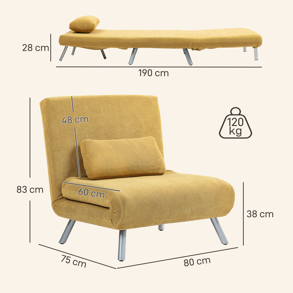 Sofá Cama de 1 Lugar 3 em 1 Sofá Dobrável Estofado em Tecido Amarelo Mesclado com Encosto Ajustável em 5 Níveis e Almofada para Escritório Quarto Sala 80x75x83 cm — foto 3