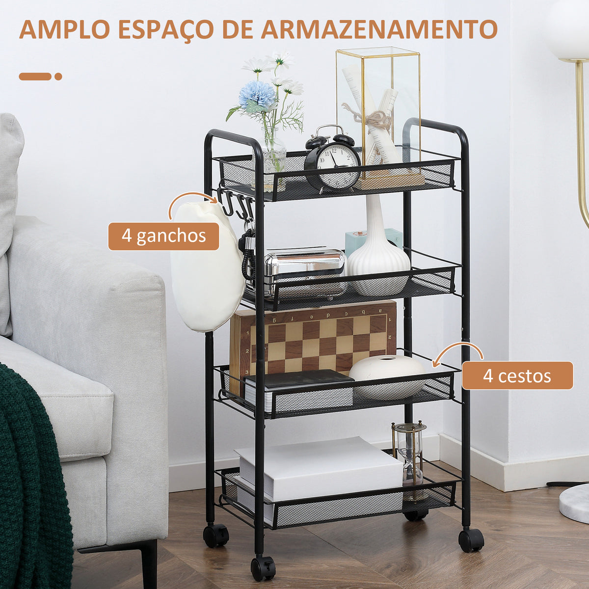 Carrinho Auxiliar com Rodas Carrinho de Cozinha de 4 Níveis Carrinho de Armazenamento com 4 Ganchos Carga 12 kg para Sala de Jantar Casa de Banho 45x26,5x84 cm Preto — foto 4